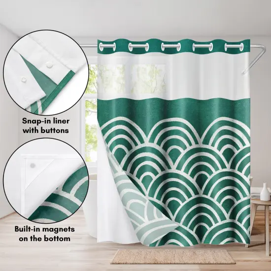 Americanflat 72x75 Hookless Shower Curtain - Abstract Green White Shower Curtain with Sheer Panel, Snap-In Liner, and Grommets - 100% Polyester {4}
