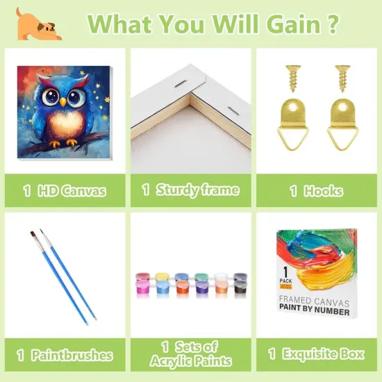 8X8Inch - Owl Paint by Numbers Kit for Kids with Frame {5}