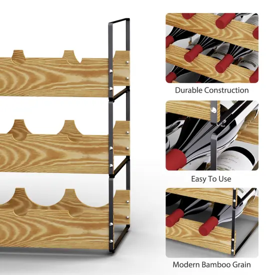 3-Tier Stackable Wine Rack Holds 4 Bottles per Tier, Metal & Bamboo Wine Storage Rack {3}