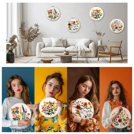 4 Sets Embroidery Kit for Beginners with Stitch Video, Flower Cross Stitch Kits for Adults, Starter, Hand Craft Lover Practice with Floral Stamped Pattern, 2 Hoops, Needles, Scissors, Tools {2}