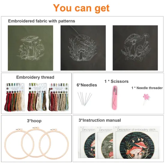 3 Sets Mushroom Embroidery kit, Adult Beginner DIY Needle kit,Art Craft Handy Sewing Set {6}