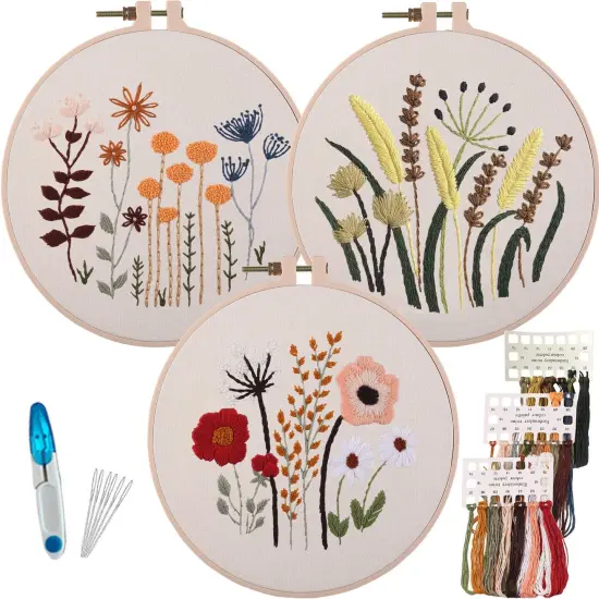 3 Sets of Beginner Embroidery Kits with 3 Patterns and 6 Needles, Needlepoint Kits for Adults,Including Embroidery Floss,3 Plastic Hoops and 3 Cotton Fabric {1}