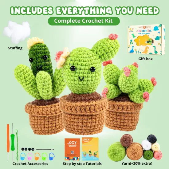 Crochet Kit for Beginners - Complete Crochet Kits with Stitch by Stitch Video Tutorial, Beginner Crochet Kit for Adults Kids Gift - Starter Easy Learn to Crochet Succulent Plants Family {1}