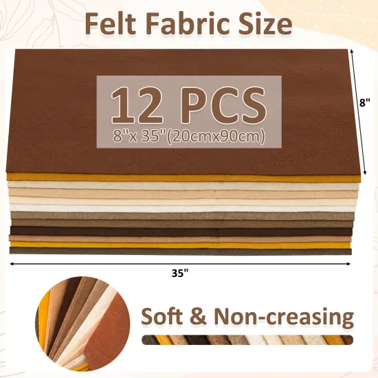 12 Rolls 8"x35"(20.5x90cm) 1.4mm Thick Soft Felt Fabric Sheet 12 Assorted Brown Series Colors Felt Pack for DIY Craft Sewing Squares Nonwoven Patchwork {6}