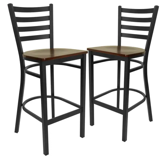 Emma and Oliver 2 Pack Ladder Back Metal Restaurant Barstool Mahogany/BlackMetal {2}