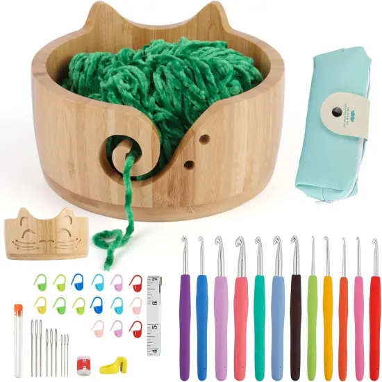 7 X 4inch Cat Yarn Bowl Set, Wooden Yarn Bowls for Crocheting {1}