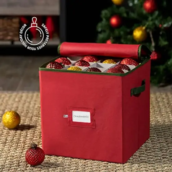 Christmas Ornament Storage Box with Dual Zipper Closure - Box Contributes Slots for 64 Holiday Ornaments 3-Inch, Xmas Decorations Accessories, Made of Nonwoven Tear-Proof Material, Red {1}