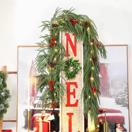 9FT Christmas Garland Prelit Faux Decorations, Realistic Green Norfolk Pine Garland {5}