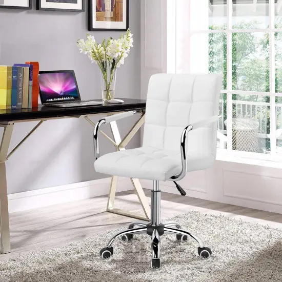 Faux Leather Adjustable Swivel Mid-Back Swivel Office Chair with Rolling Wheels White {2}