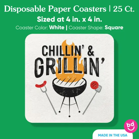 Big Dot of Happiness 25 Ct Chillin & Grillin Drink Coasters, 4-Inch Disposable Square Paper Coasters for Summer BBQ Picnic Birthday Party {5}
