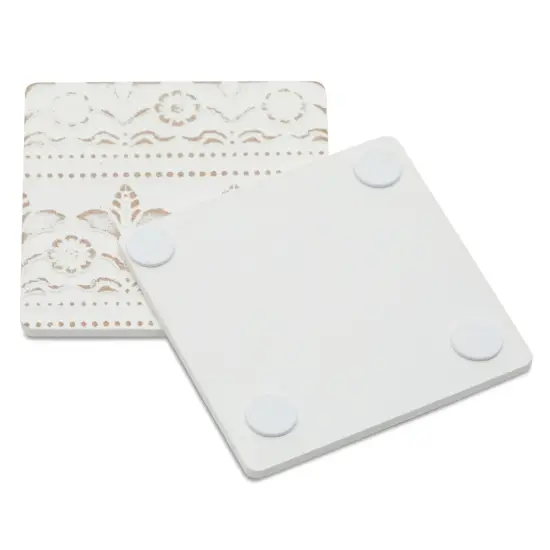 Set of 6 White Wooden Coasters with Holder for Drinks, Coffee Table, and Floral Farmhouse Decor (3.8 Inches) Brown {7}