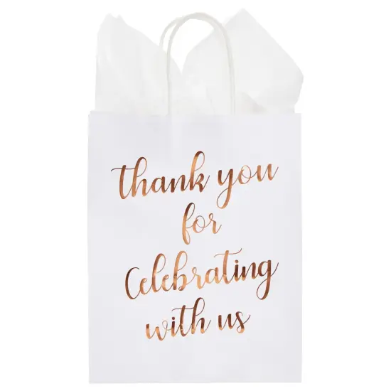 15-Pack Medium Sized Gift Bags with Tissue Paper for Wedding, Rose Gold Foil Thank You for Celebrating With Us Bags with Handles, Kraft Paper (10 x 8 x 4 Inches) {6}