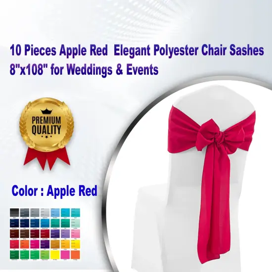10 Pieces Apple Red Elegant Polyester Chair Sashes 8"x108" for Weddings & Events {1}