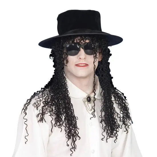 80's Adult Hat And Black Long Curly Costume Wig {3}