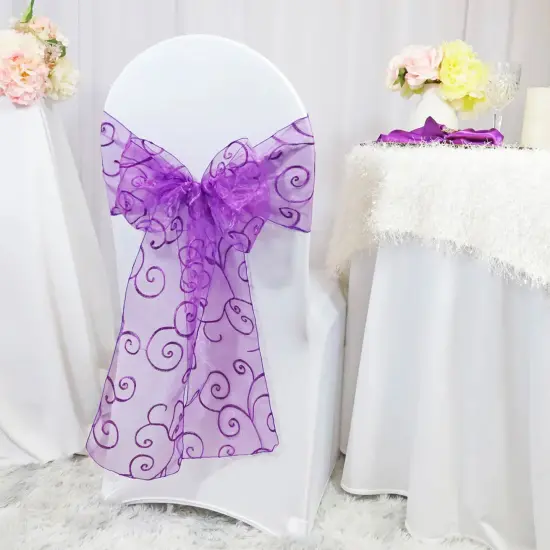 10 Pieces Purple Embroidered Organza Chair Sashes 8"x108" Elegant Event Chair Accessories {2}