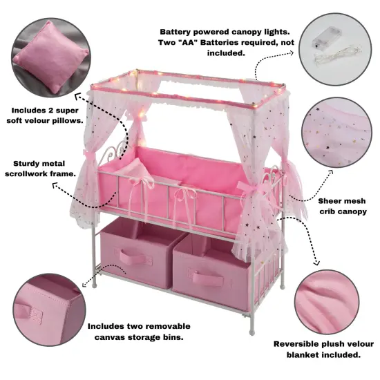Badger Basket Starlights Metal Doll Crib with Canopy, Bedding, Storage and LED Lights - Pink/White/Stars {3}