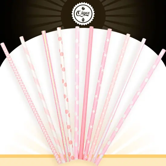 Pink Paper Straws 150pcs Disposable Straws Bulk (10 Pattern) {4}