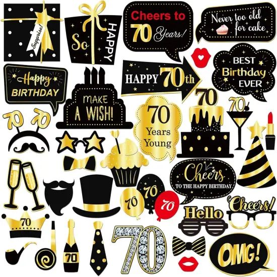 70th Birthday Photo Booth Props, Women Men 70th Birthday Photoshoot Funny Birthday Party Photography Props Favor 70 Years Old Centerpiece Sticks Decorations Black & Gold 35 PCS {1}