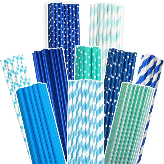 Blue Paper Straws 150pcs Disposable Bulk(10 Pattern) {1}