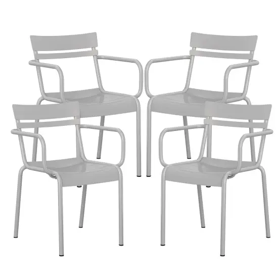Emma and Oliver Rennes Powder Coated Steel Stacking Dining Chair with Arms and 2 Slat Back for Indoor-Outdoor Use Silver {2}