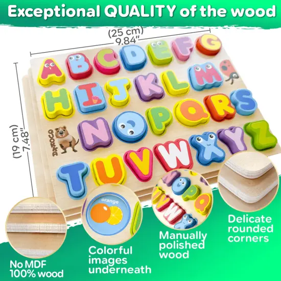 3 Set Chunky Wooden Puzzles for Toddlers | Alphabet, Numbers & Geometric Forms {4}