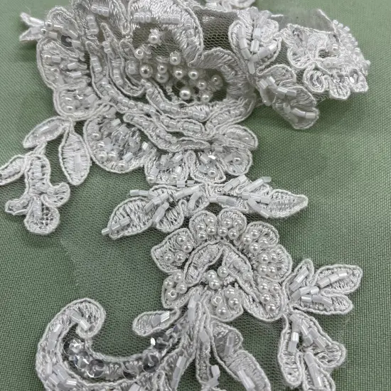 1 Pair Beaded & Corded Floral Lace Applique Embroidered on 100% Polyester Net Mesh 15" X 3.5" Each Side Ivory {6}