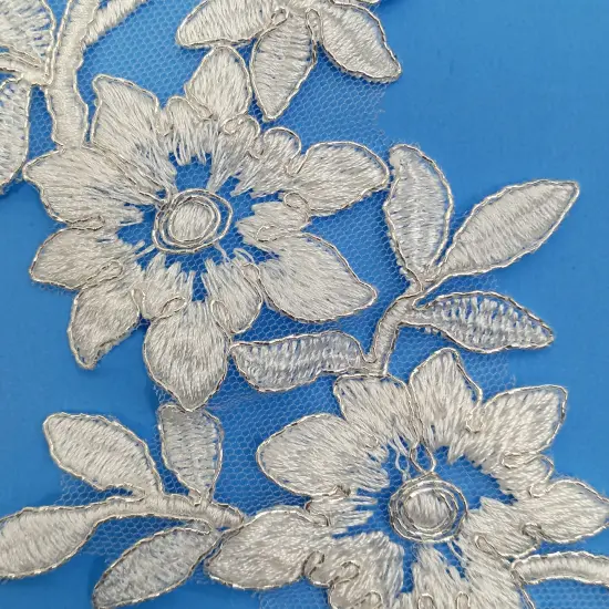 1 Pair 15" x 4" Corded Floral Applique Embroidered on 100% Polyester Net Mesh Off White {6}