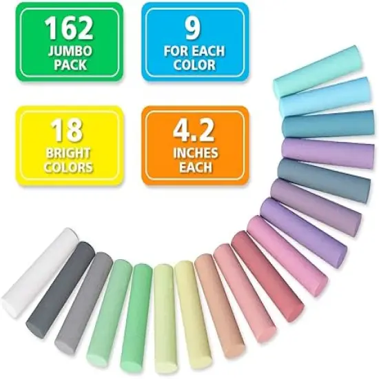 Sidewalk Chalk, 162 Pack 18 Colors Sidewalk Chalk Set For Kids Jumbo Chalk Bulk, Great for Kids Family, Paint on Sidewalk Wall School Driveway Blackboard Street Playground {3}