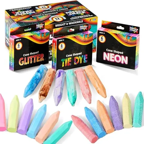 72 PCS Washable Sidewalk Chalks Set in 12 Packs, 18 Colors, Including 12 Tie Dye, 12 Glitter & 12 Neon Colors, School Supplies, Classroom Must Haves, Gift for Kids {1}