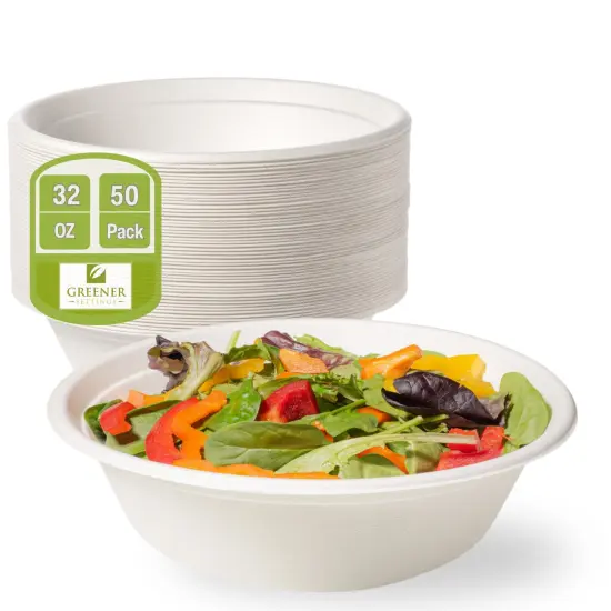 Greener Settings 32 oz Compostable Paper Bowls, 50-Pack &ndash; Heavy-Duty Bagasse, Biodegradable, Microwavable, Freezer Safe, Leak-Resistant, Eco-Friendly for Hot and Cold Foods {1}