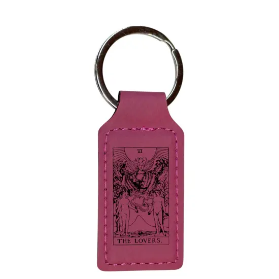 Keychain - Rectangle - The Lovers Tarot Card - Leather Rawhide/Black {5}