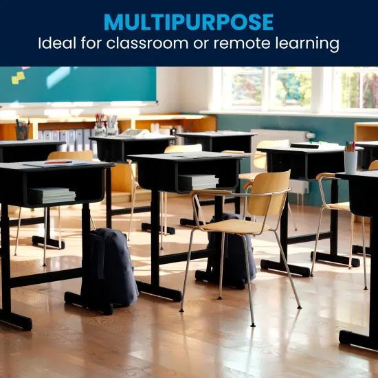 Emma and Oliver Student Desk with Top and Adjustable Height Pedestal Frame Grey {1}