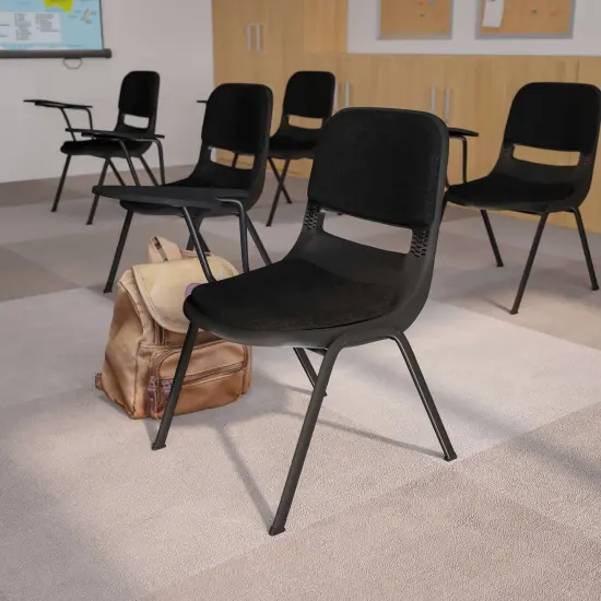 Emma and Oliver Padded Ergonomic Shell Chair with Right Handed Flip-Up Tablet Arm Black {1}