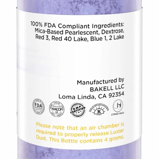 Bakell - Lilac Purple Luster Dust (4g, 1x Pump) Edible Vegan Dust & Paint for Baking, Desserts and Beverages {4}
