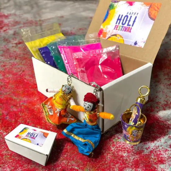 Holi Gift Hamper Holi Decoration Premium Handmade Indian Gift Hamper Holi Party Favors Festive Hamper Holi Gulal Colors, Radhe Krishna Pichkari Bucket, Keychains {6}