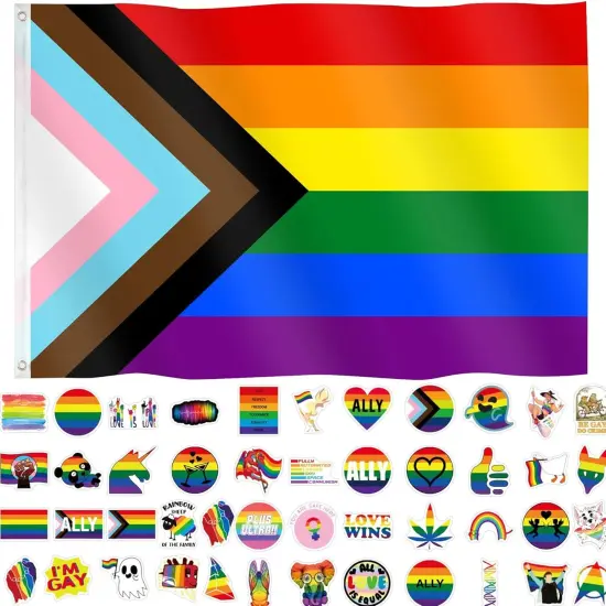 Progress Pride Flag 3x5 Feet LGBTQ Pride Month Accessories Gay LGBT Community Support Gay Pride Rainbow Flag Banner Decorations for Parades Party with 60 Stikers {1}