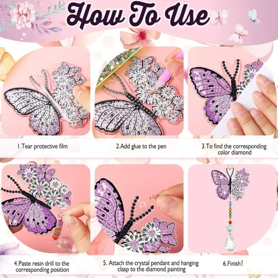 6 Pcs Spring Butterfly Diamond Painting Wind Chimes Diamond Painting Suncatcher Art Kit Double Sided Butterfly Ornaments 5d Rhinestone for Spring Home Garden {4}