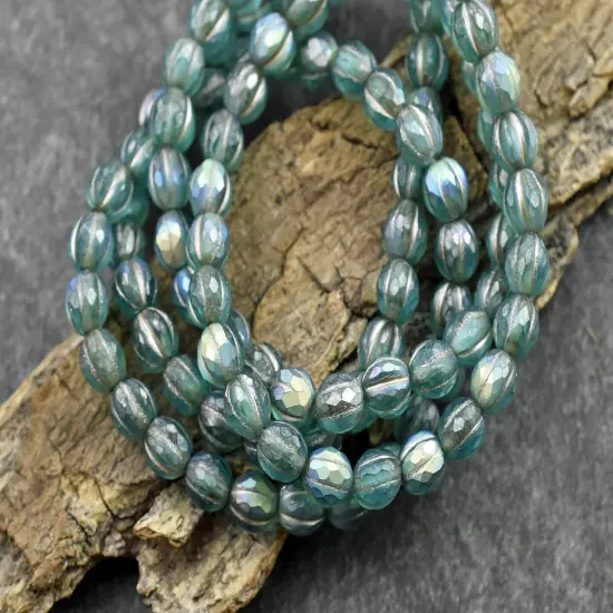 *25* 6mm Platinum Washed Matte Teal AB Faceted Round Melon Beads {2}