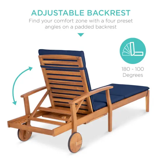 Best Choice Products 79x26in Acacia Wood Outdoor Chaise Lounge Chair w/ Adjustable Backrest, Table, Wheels Navy Blue {4}