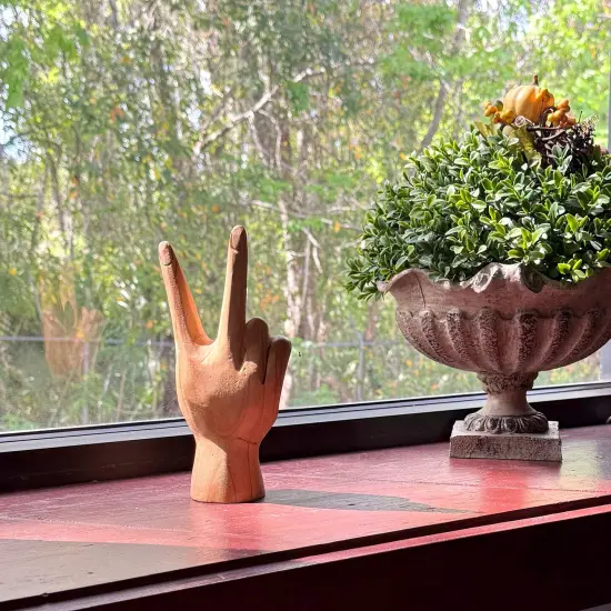 Carved Wooden Peace Sign Hand Gesture Statue Natural Finish 7.75 Inches High {6}
