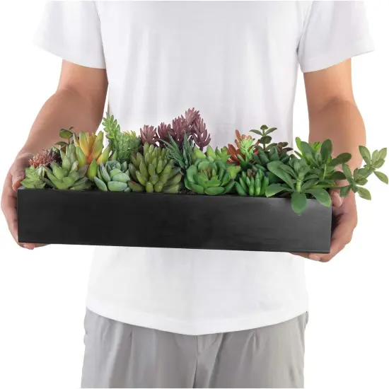 Artificial Succulent Centerpiece,15.75 Inch Faux Succulents Arrangement Plants in Sleek Black Wooden Rectangular Planter Box {5}