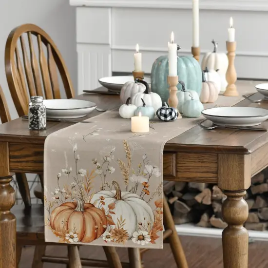 Pumpkins Leaves Flowers Fall Table Runner {3}
