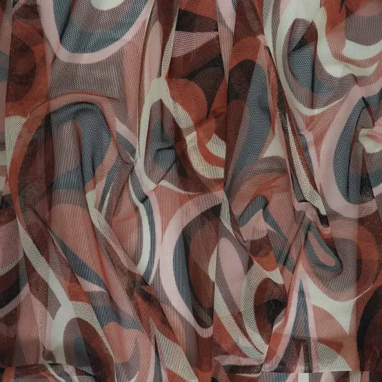 1 Yard Polyester Spandex Mesh Fabric Retro Paisley Geo Print Soft Sheer 58/60" Width BROWN CLAY {3}