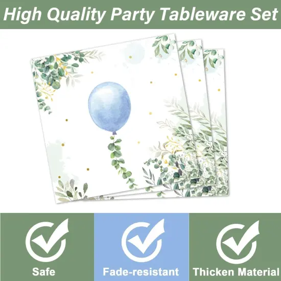 200-Piece Oh Boy Blue Balloon & Eucalyptus Baby Shower Tableware Set {3}