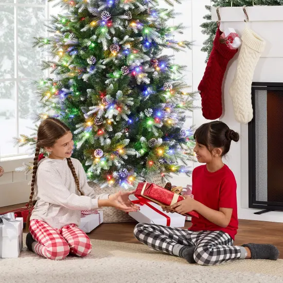 Best Choice Products Pre-Lit Artificial Flocked Slim Aspen Noble Fir Christmas Tree w/ Branch Tips, LED Lights {5}