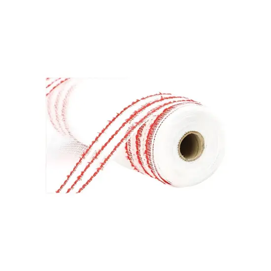 10.25" Drift Border Mesh Ribbon: White/Red (10 Yards) {1}