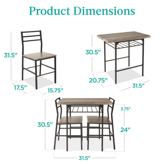 Best Choice Products 3-Piece Modern Dining Set, Square Table & Chairs Set w/ Steel Frame, Built-In Storage Rack Gray/Black {2}