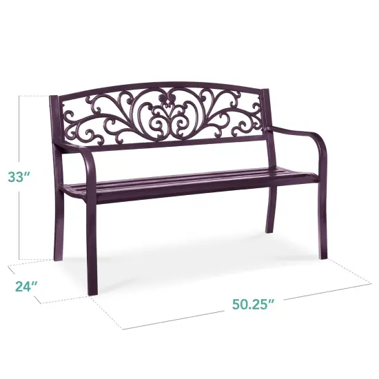 Best Choice Products Outdoor Steel Bench Garden Patio Porch Furniture w/ Floral Design Backrest Purple {2}