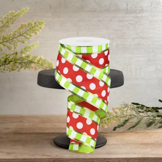 2.5" Striped Edge Polka Dot Ribbon: Red, Lime & White (10 Yards) {2}