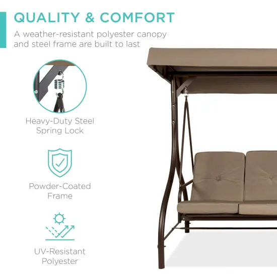 Best Choice Products 3-Seat Outdoor Converting Canopy Swing Glider Patio Hammock w/ Removable Cushions Desert Taupe {3}